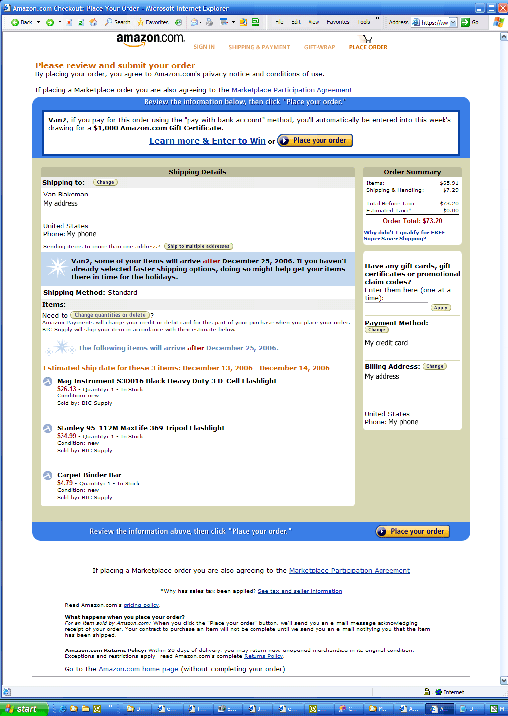 The Amazon Checkout page for 'BIC Supply (M-D Builders)'