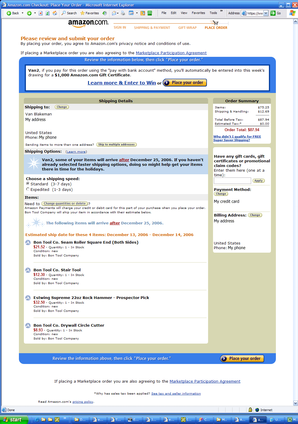 The Amazon Checkout page for 'Bon Tool Company'