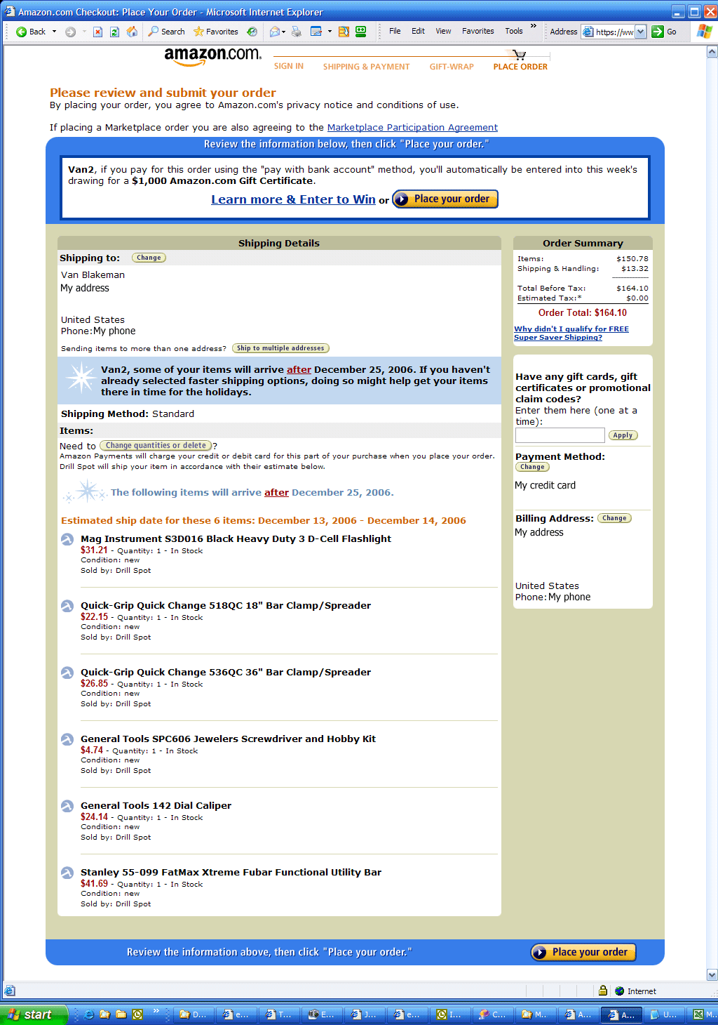 The Amazon Checkout page for 'The Drill Spot'