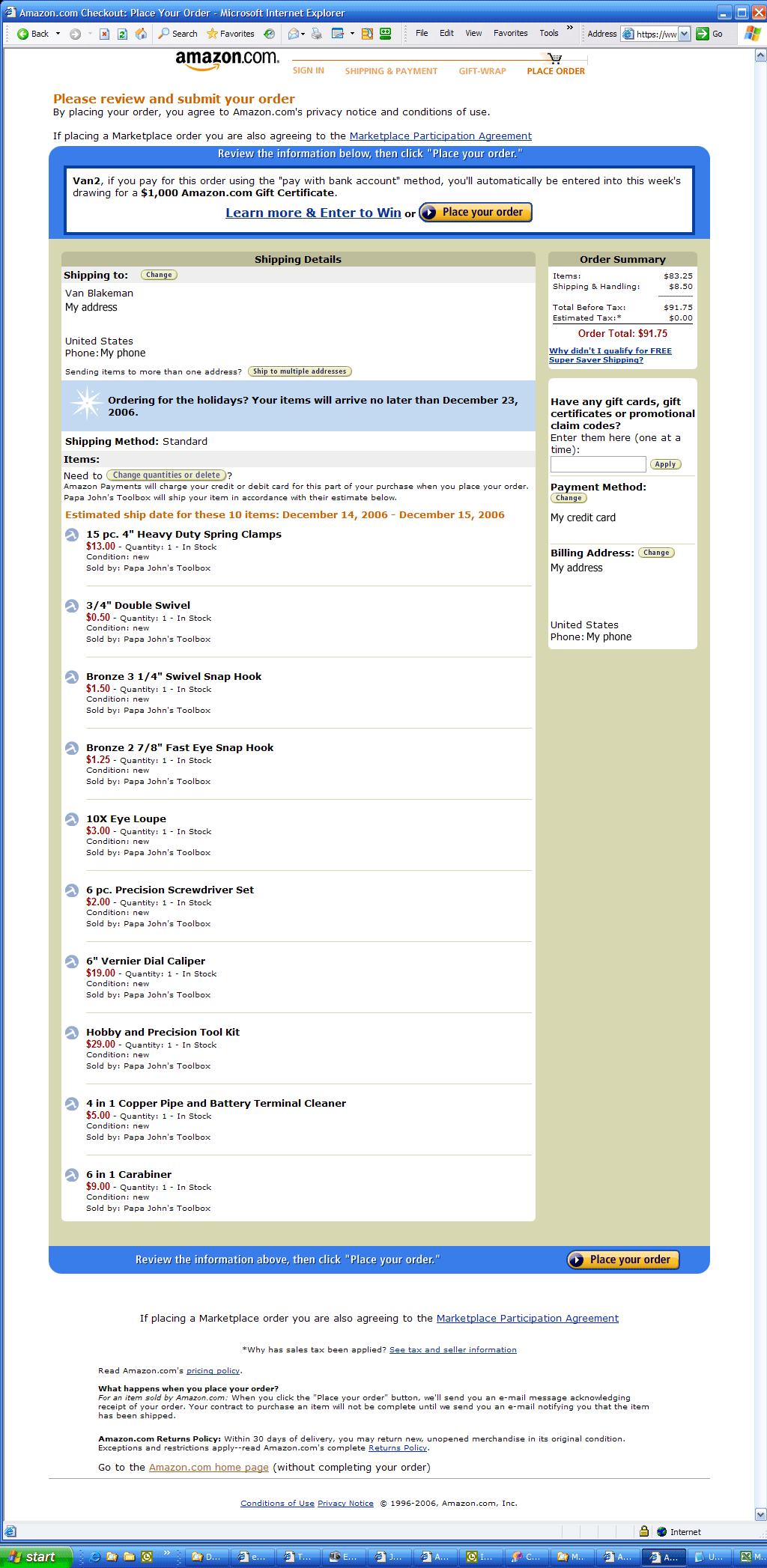 The Amazon Checkout page for 'Papa John's (Hobbytool)'