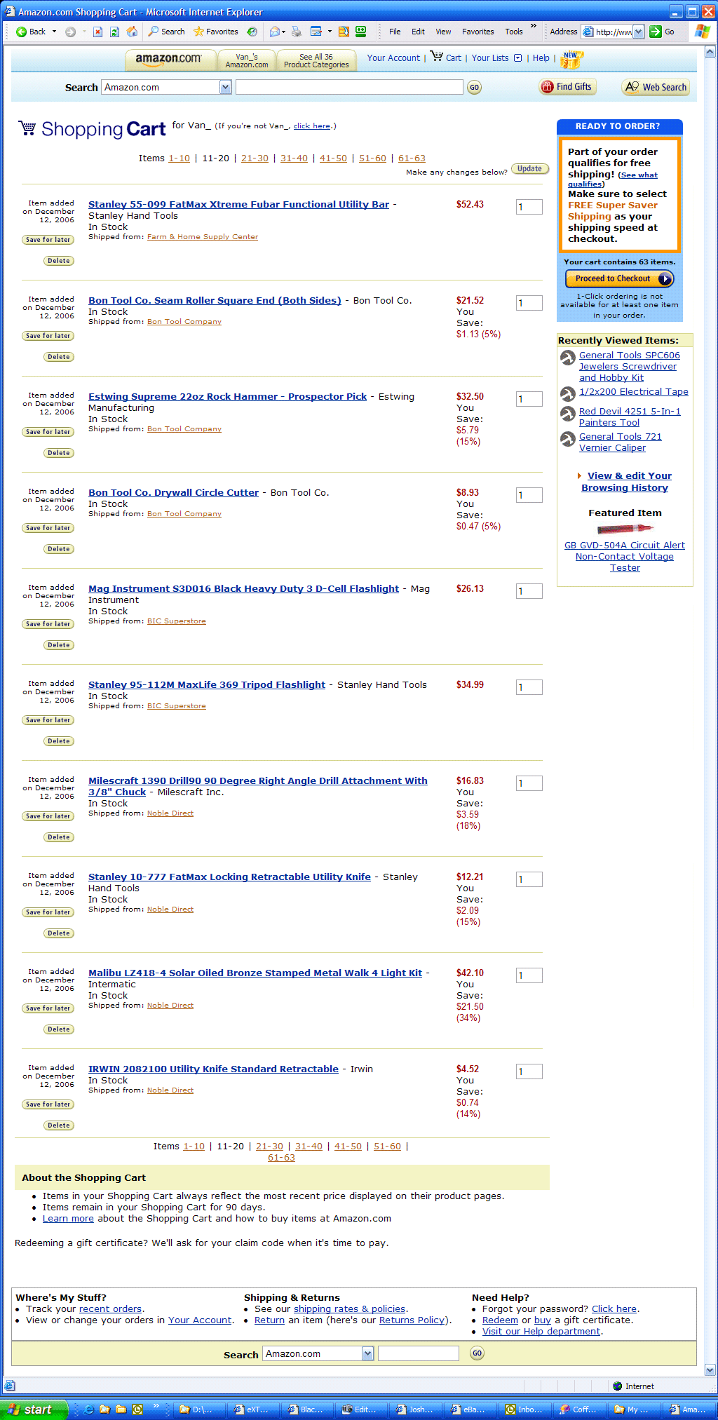 An Amazon Cart of 63 purchases from 13 merchants