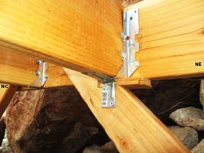 shed platform post braces are notched to fit, shimmed and reinforced
