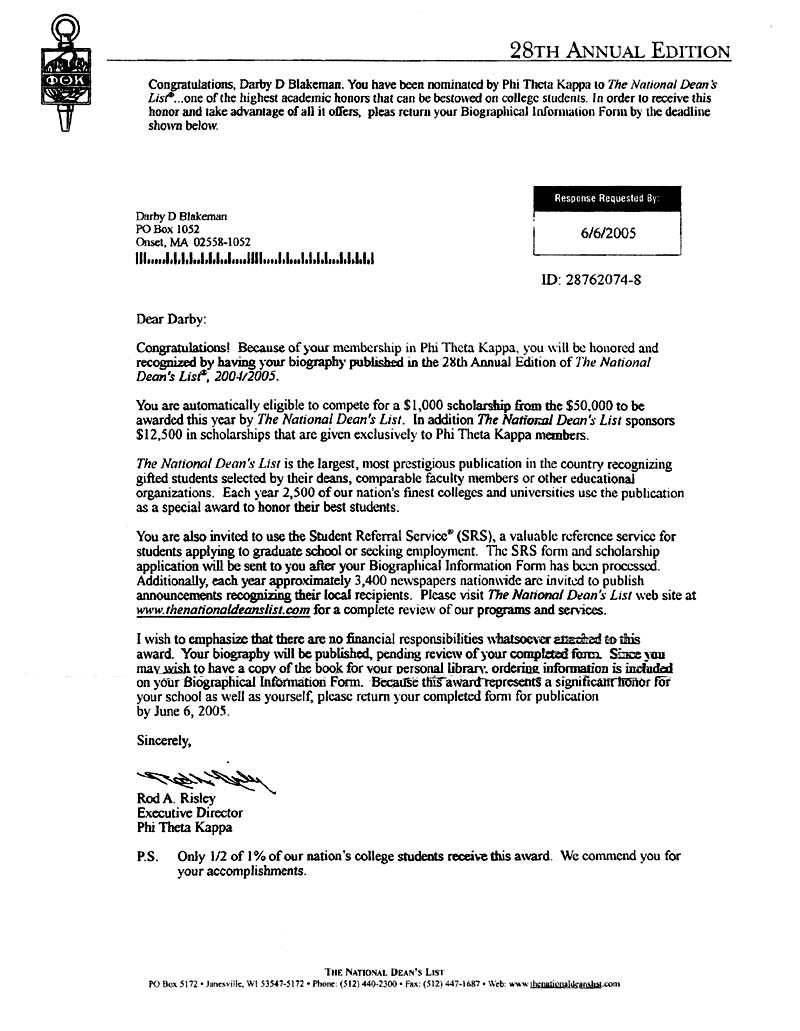 Phi Theta Kappa Nantional Dean's List Invitation