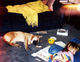 Pippin the dog, Darby and Brianny Blakeman the kids. Mashnee Island, MA. Maybe October, 1987